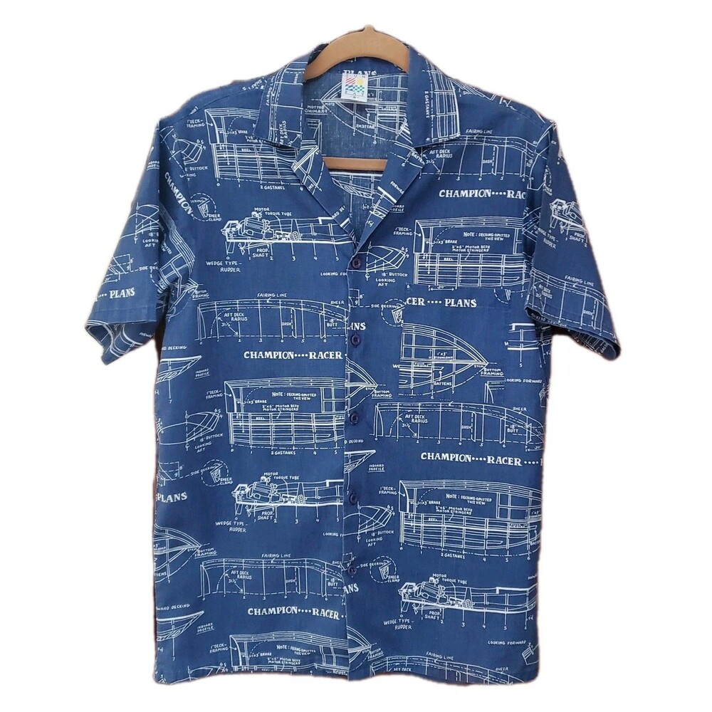 Vtg Nautical Camp Shirt Racing Boat Diagram Blueprint Drawings Men S 80s Sun Bay
